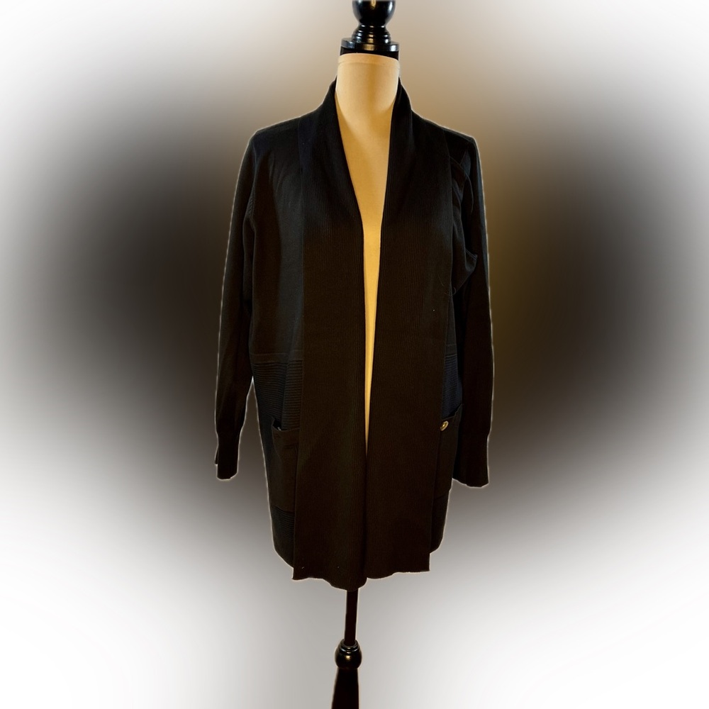 Vintage Chelsea & Theodore Black Open Cardigan, button closure pockets, 1X